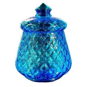 Vintage Rare Blue Diamond Optic Glass Apothecary Jar Candy Dish With Lid 7"